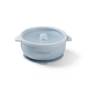 BABYONO Silikoninis puodelis su siurbtuku ir dangteliu, mėlynas