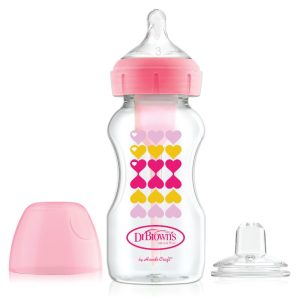 Dr. Brown'ss Buteliukas su plačiu kaklu 270ml Options + dekoruotas 6+ žinduku ir neišsiliejančiu snapeliu rožinė