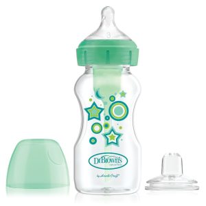 Dr. Brown'ss Buteliukas su plačiu kaklu 270ml Options + dekoruotas 6+ žinduku ir neišsiliejančiu snapeliu žalia