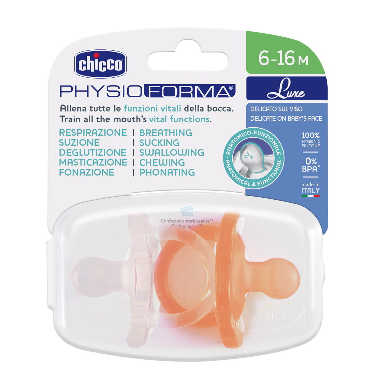 CHICCO PHYSIOFORMA LUXE Čiulptukas 6-16M oranžinis 2 vnt. – kūdikių prekė