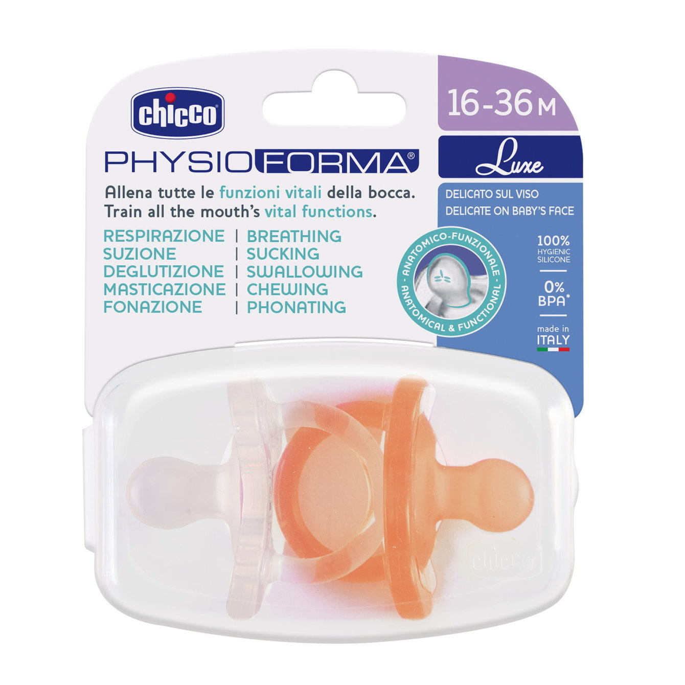 CHICCO PHYSIOFORMA LUXE čiulptukas 16-36M. oranžinė 2 vnt. – kūdikių prekė