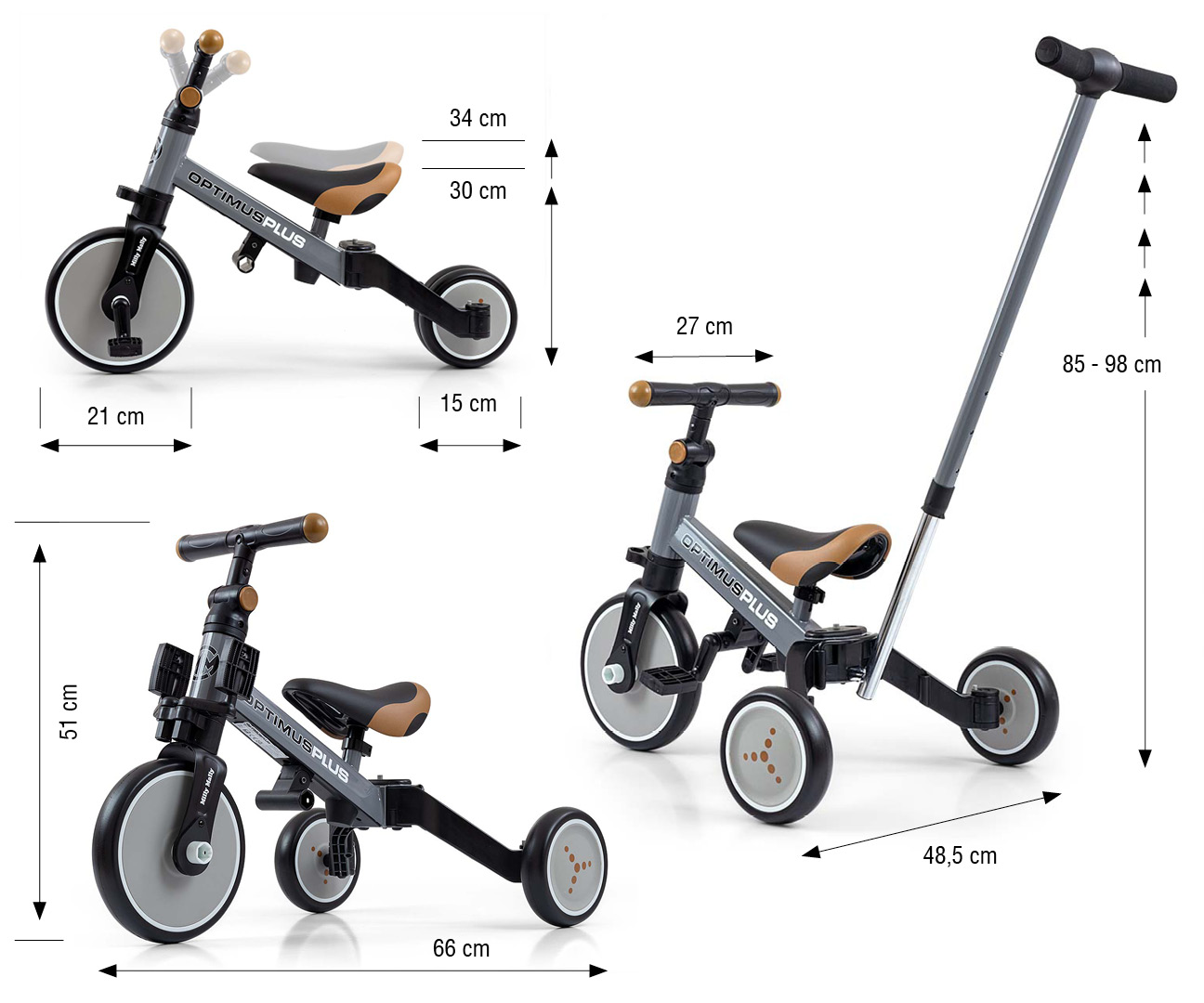 MILLY MALLY 4in1 dviratis OPTIMUS Plus pilkos spalvos – kūdikių prekė