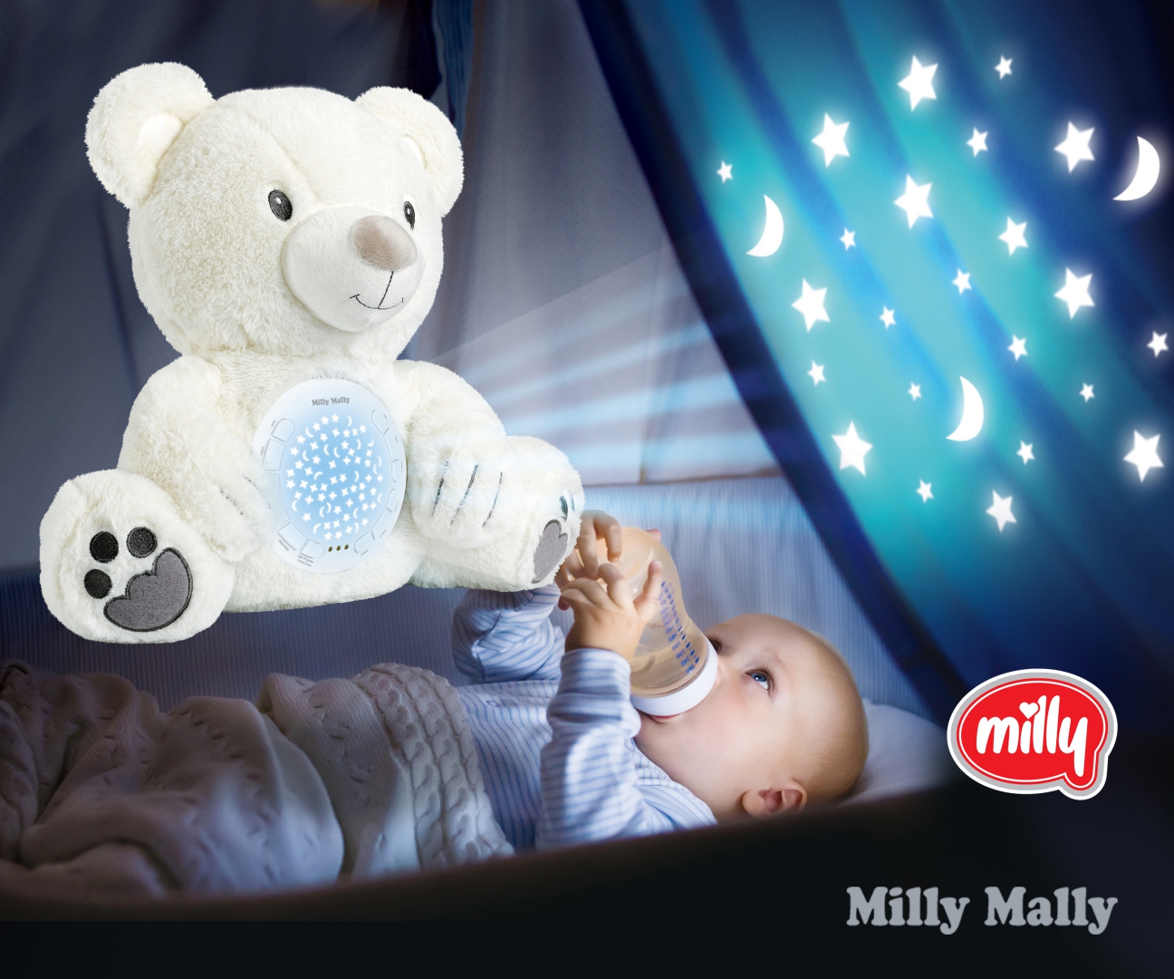 MILLY MALLY Milly Bear Baltas pliušinis žaislas su projektoriumi – kūdikių prekė