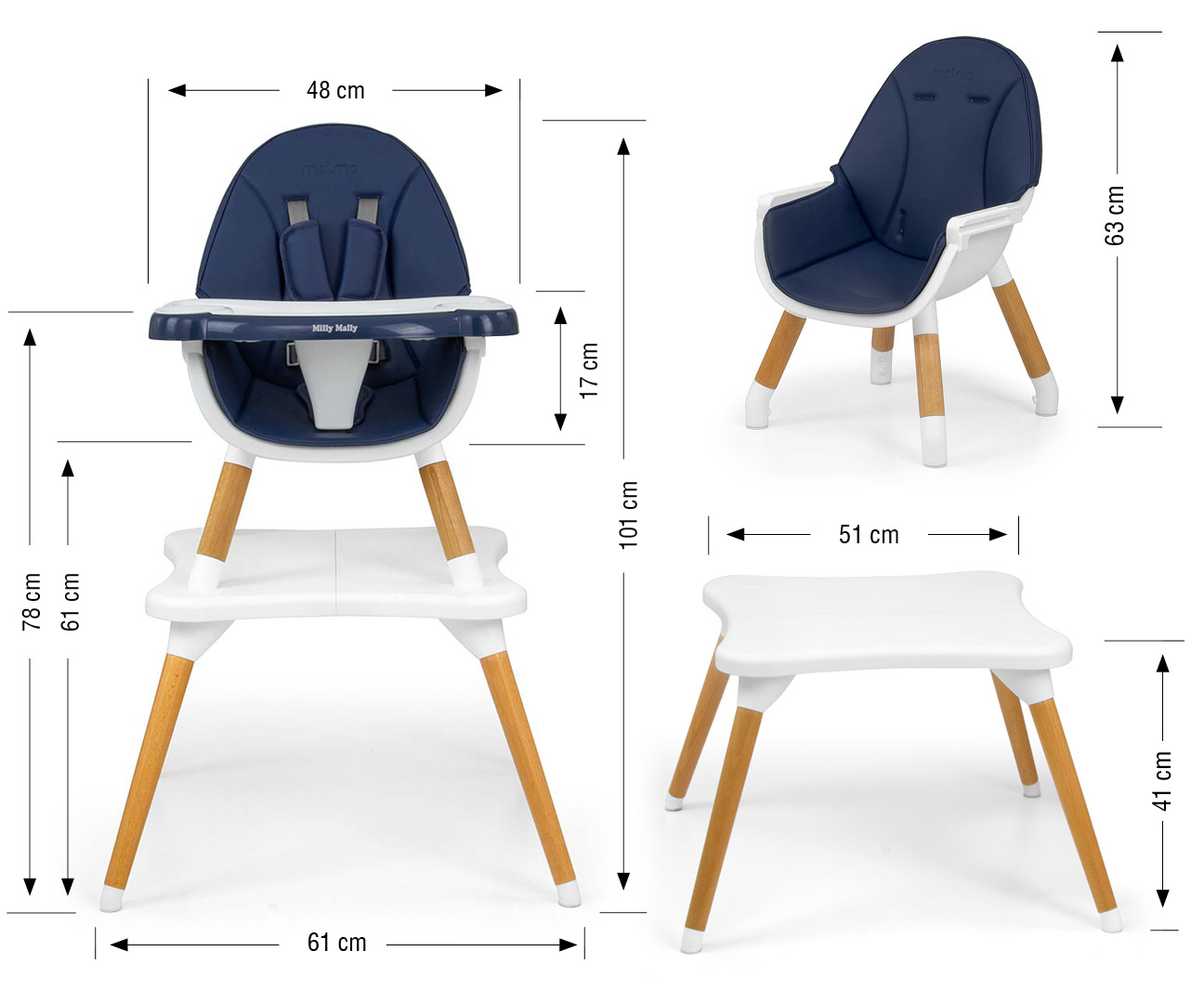 MILLY MALLY 2in1 maitinimo kėdutė Malmo Navy – kūdikių prekė