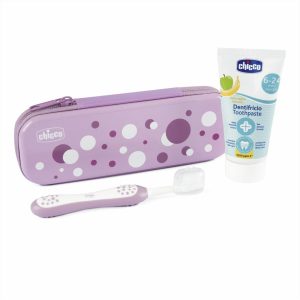 CHICCO Fluoridinės dantų pastos rinkinys + šepetėlis + Lila dėklas 6-36 m