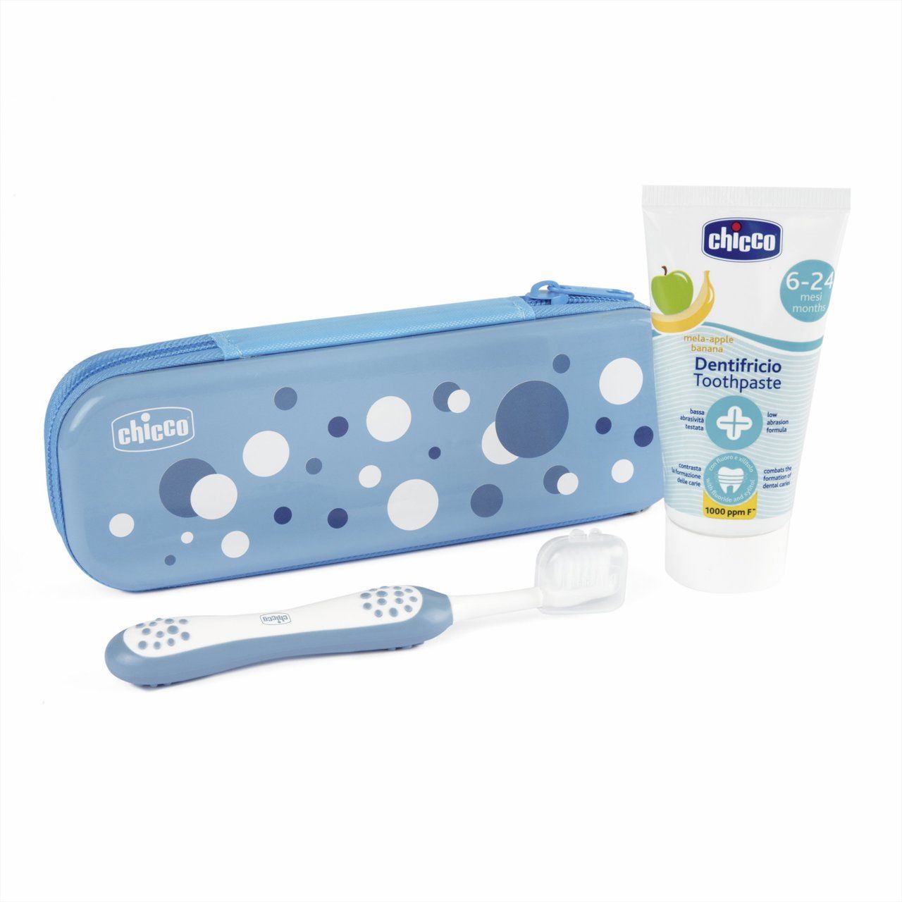 CHICCO Fluoridinės dantų pastos rinkinys + šepetėlis + Indigo dėklas 6-36 m – kūdikių prekė