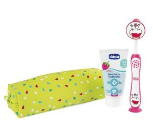 CHICCO Dantų pastos rinkinys + šepetėlis + dėklas Hippo 3-6l