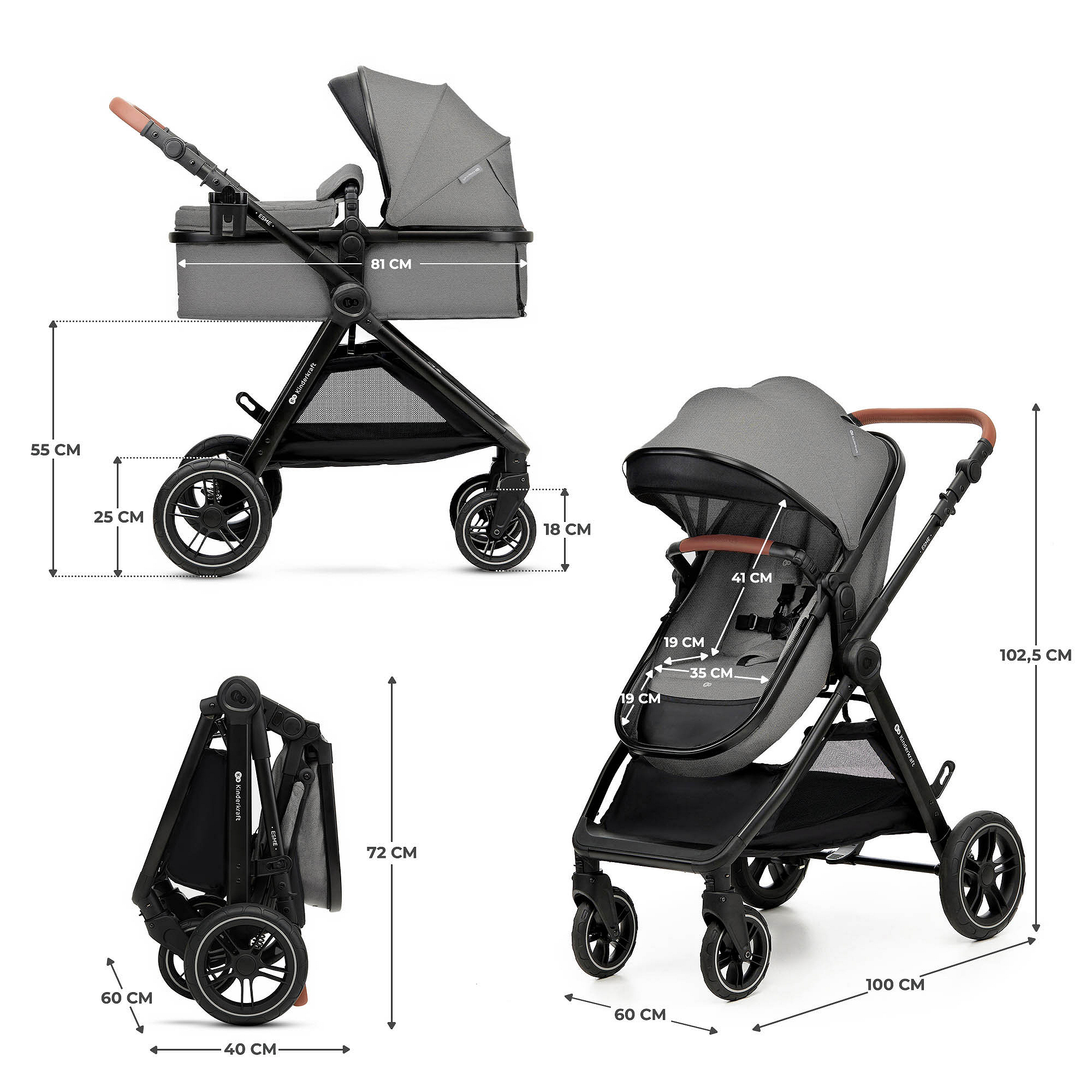 KINDERKRAFT daugiafunkcis vežimėlis ESME PRO 3in1 mėnulio pilka + MINK PRO 2 - Image 2