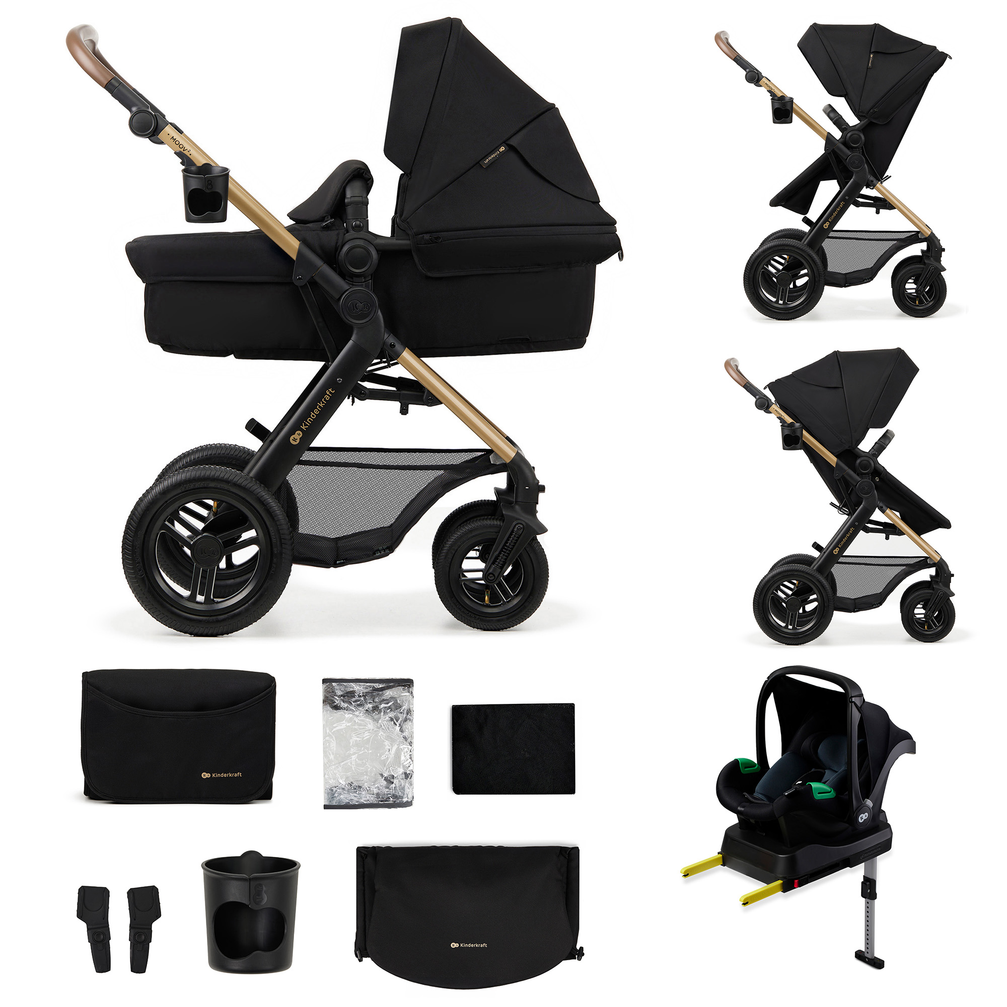 KINDERKRAFT daugiafunkcis vežimėlis MOOV 2 4in1 Pure Black AIR WHEELS – kūdikių prekė