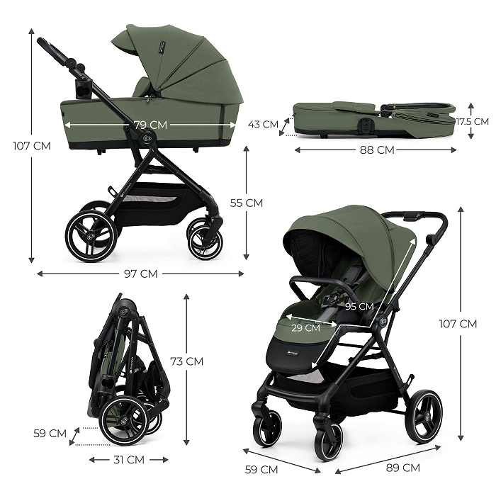 KINDERKRAFT 3in1 daugiafunkcis vežimėlis YOXI Mink Pro Mystic Green – kūdikių prekė
