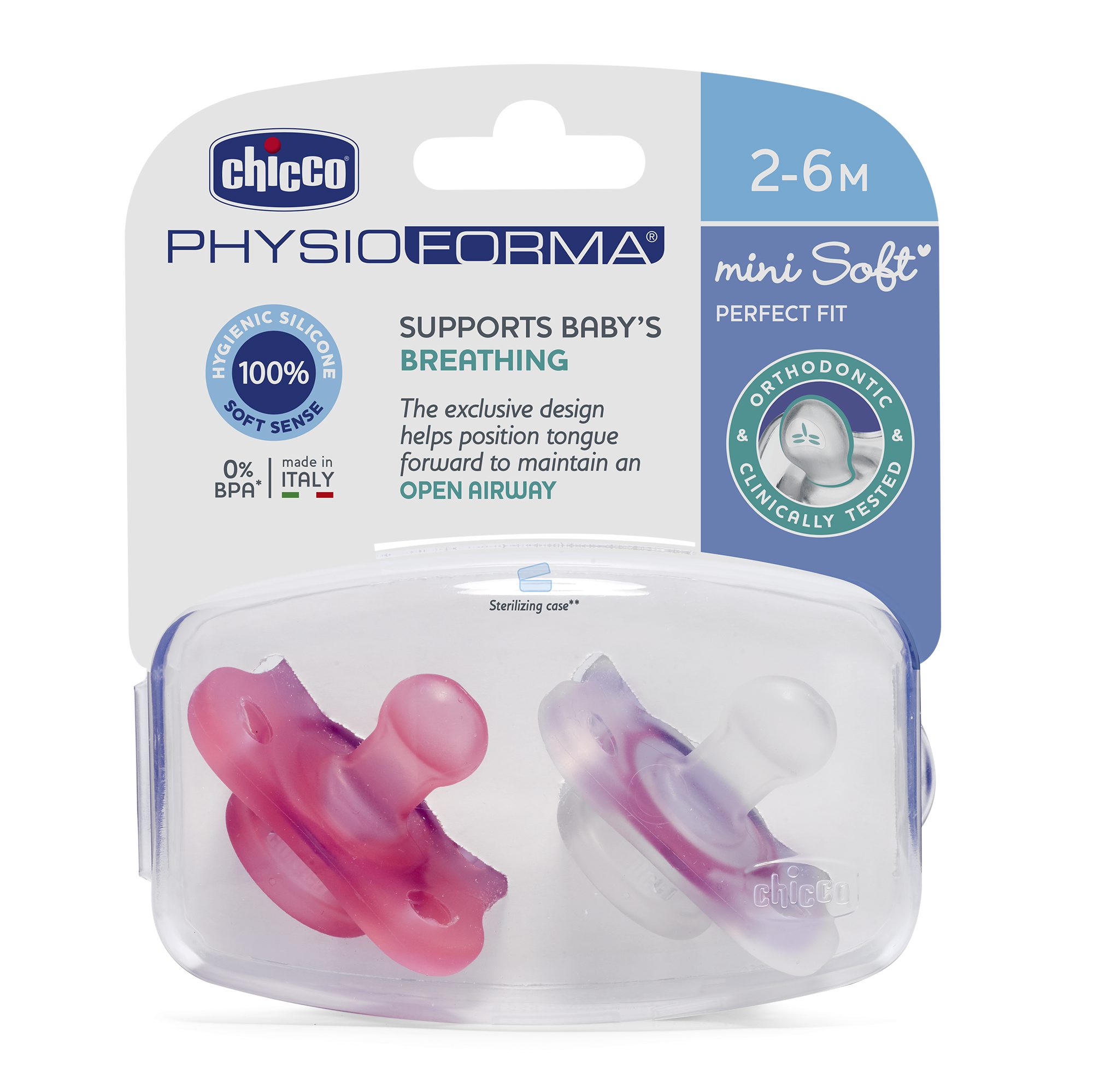 CHICCO PHYSIO MINI SOFT čiulptukas 2-6 silikoniniai 2 vnt mergaitei – kūdikių prekė