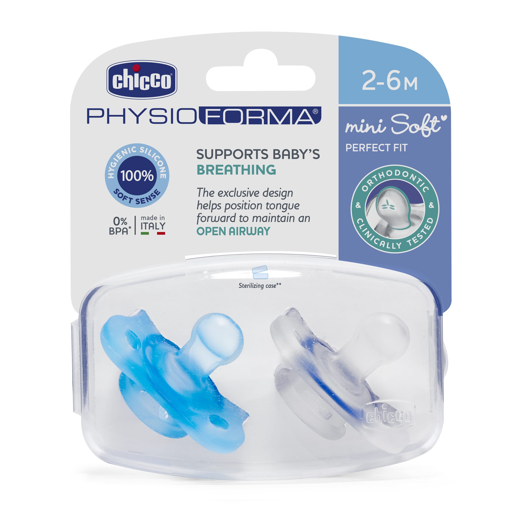 CHICCO PHYSIO MINI SOFT čiulptukas 2-6 silikoninis 2 vnt berniukas – kūdikių prekė