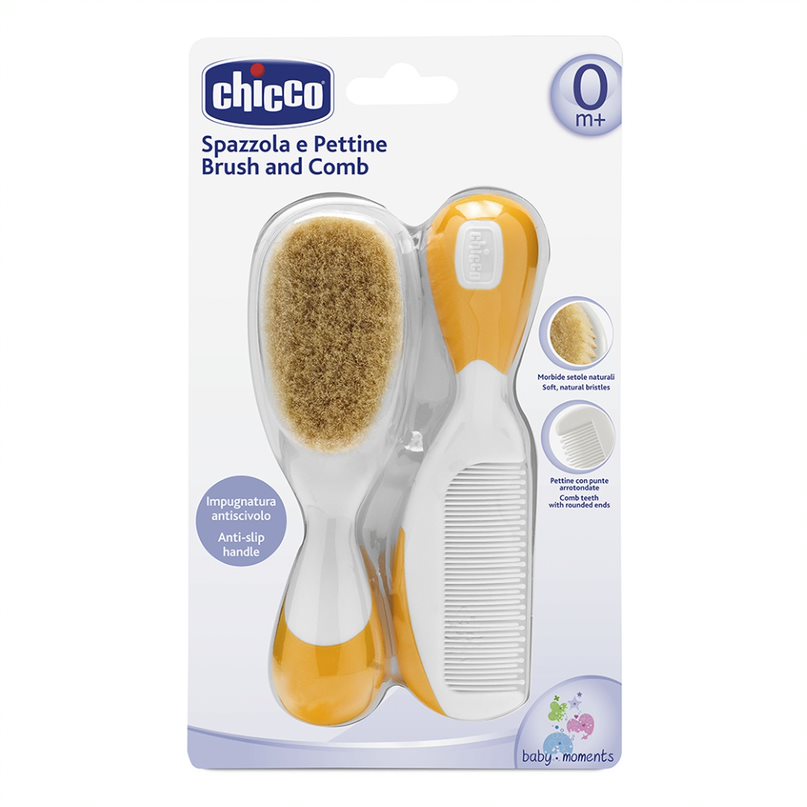 CHICCO Šepetys + šukos natūralūs šereliai oranžiniai – kūdikių prekė