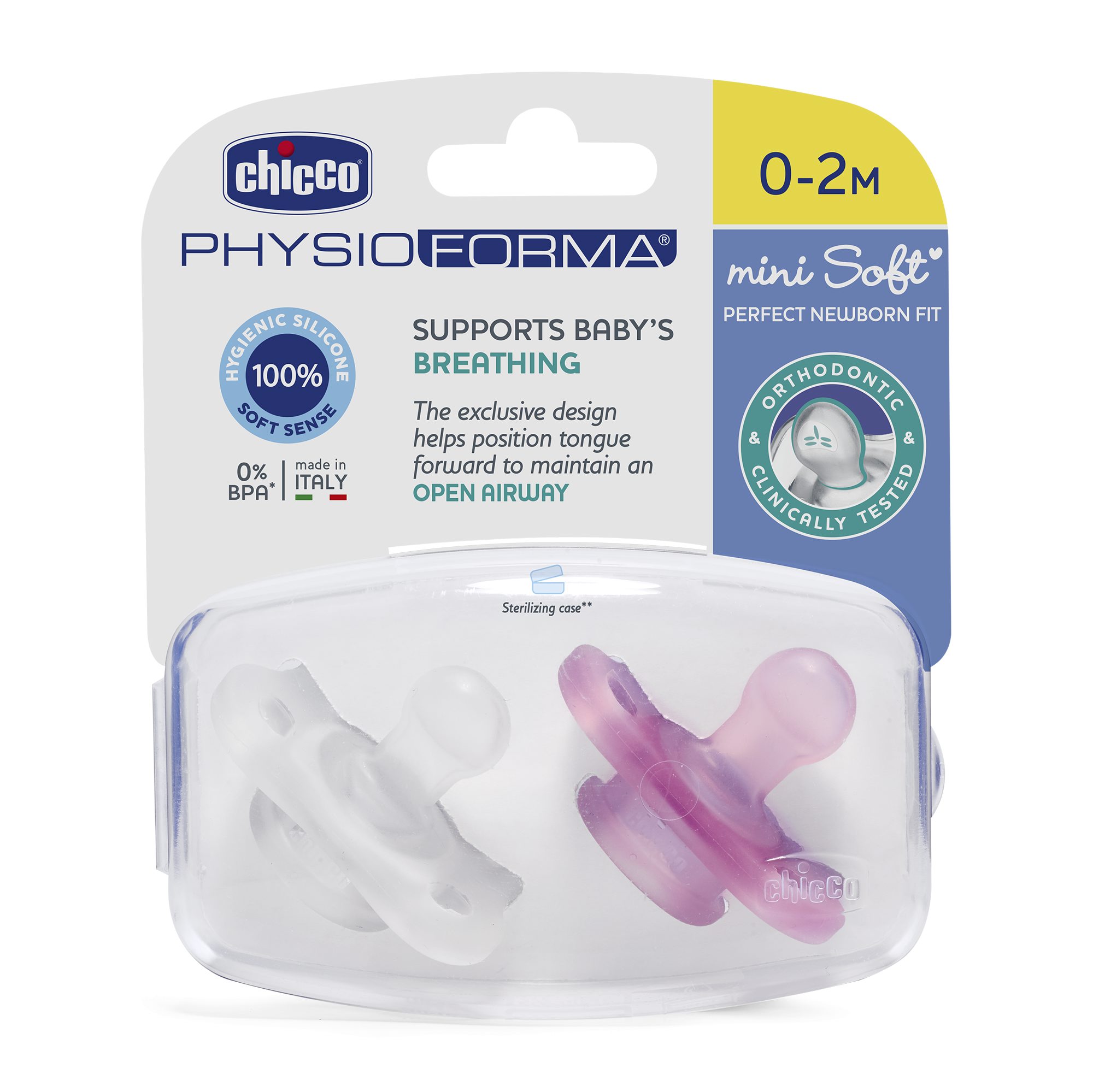CHICCO Čiulptukas PH MINI silikoninis 0-2 m 2 vnt. – kūdikių prekė