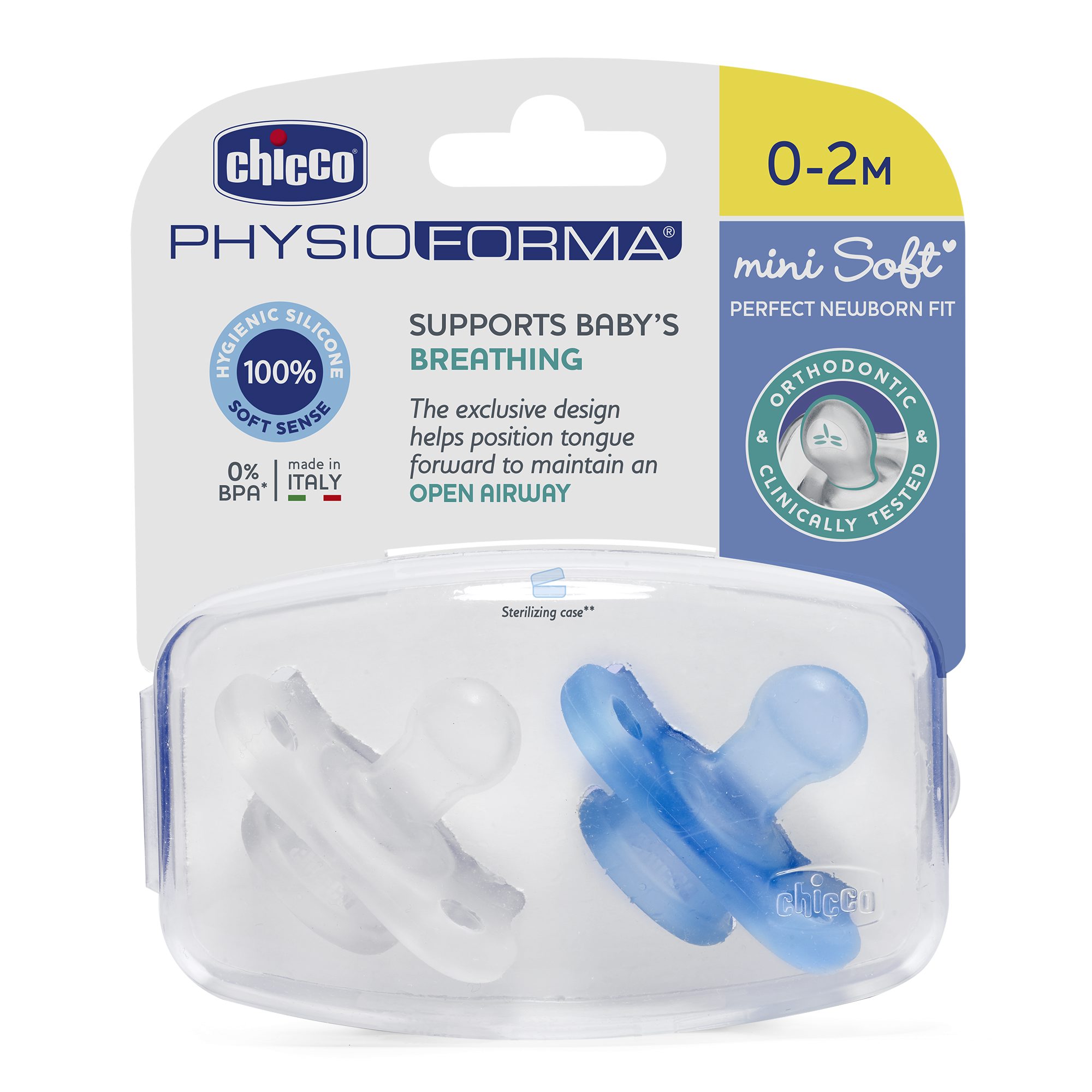 CHICCO Čiulptukas PH MINI SOFT 0-2 silikoninis 2 vnt. – kūdikių prekė