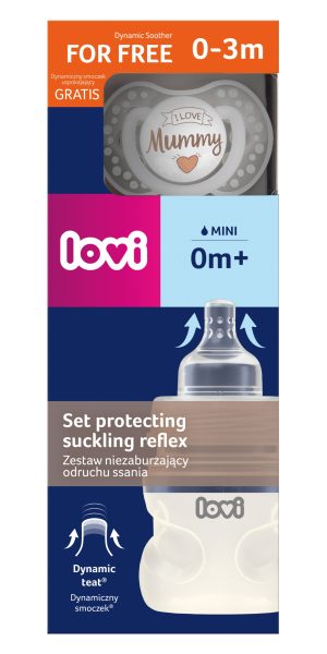 LOVI Rinkinys, netrikdantis čiulpimo reflekso, 150 ml buteliukas + USP čiulptukas. Myliu Mamytę