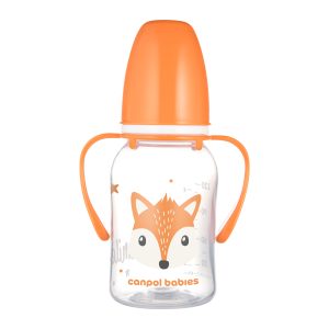 CANPOL Standartinis buteliukas su rankenėlėmis 120 ml CUTE ANIMALS oranžinis