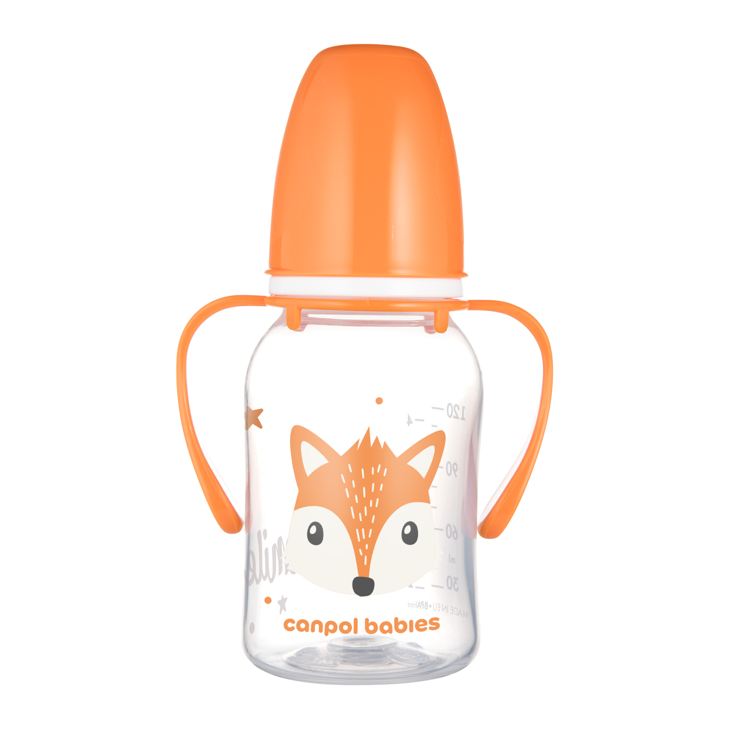 CANPOL Standartinis buteliukas su rankenėlėmis 120 ml CUTE ANIMALS oranžinis