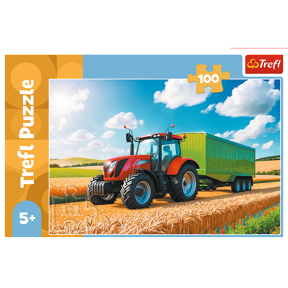 TREFL Puzzle 100 Žemės ūkio technika - traktorius su priekaba