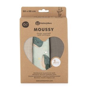 PETITE&MARS Bambuko muslino sauskelnių rinkinys 3 vnt 68x68 cm Banginio giesmė