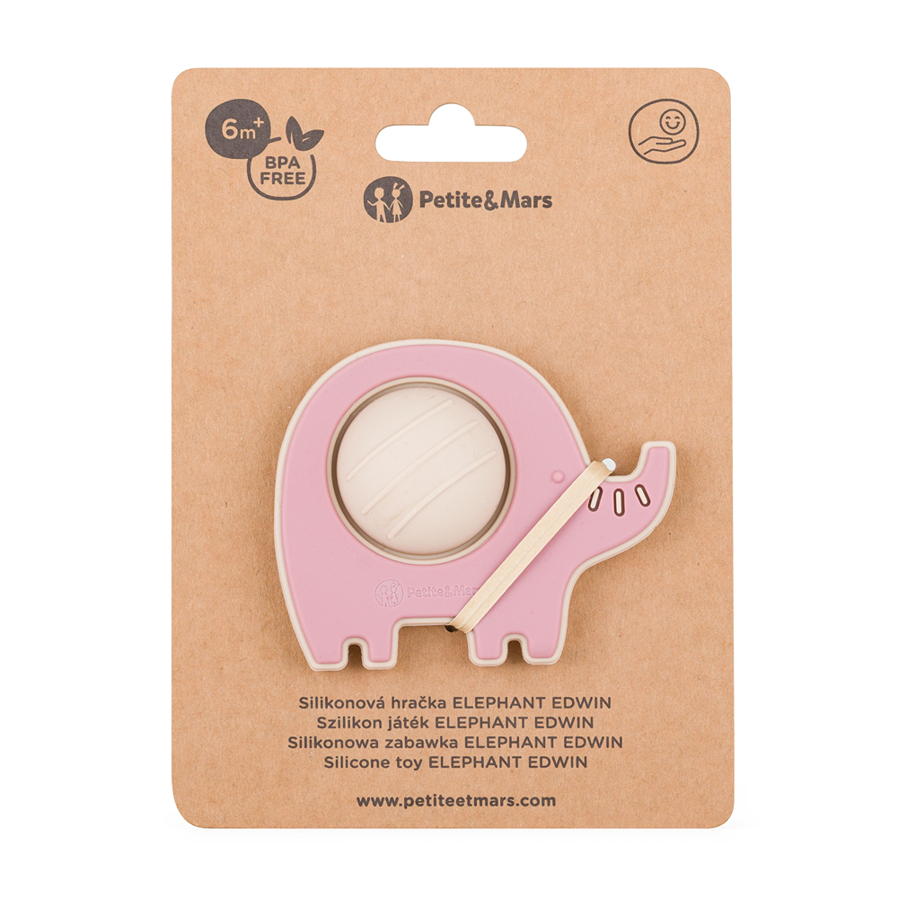 PETITE&MARS Silikoninis iššokantis žaislas Elephant Edwin Dusty Rose 6 m+