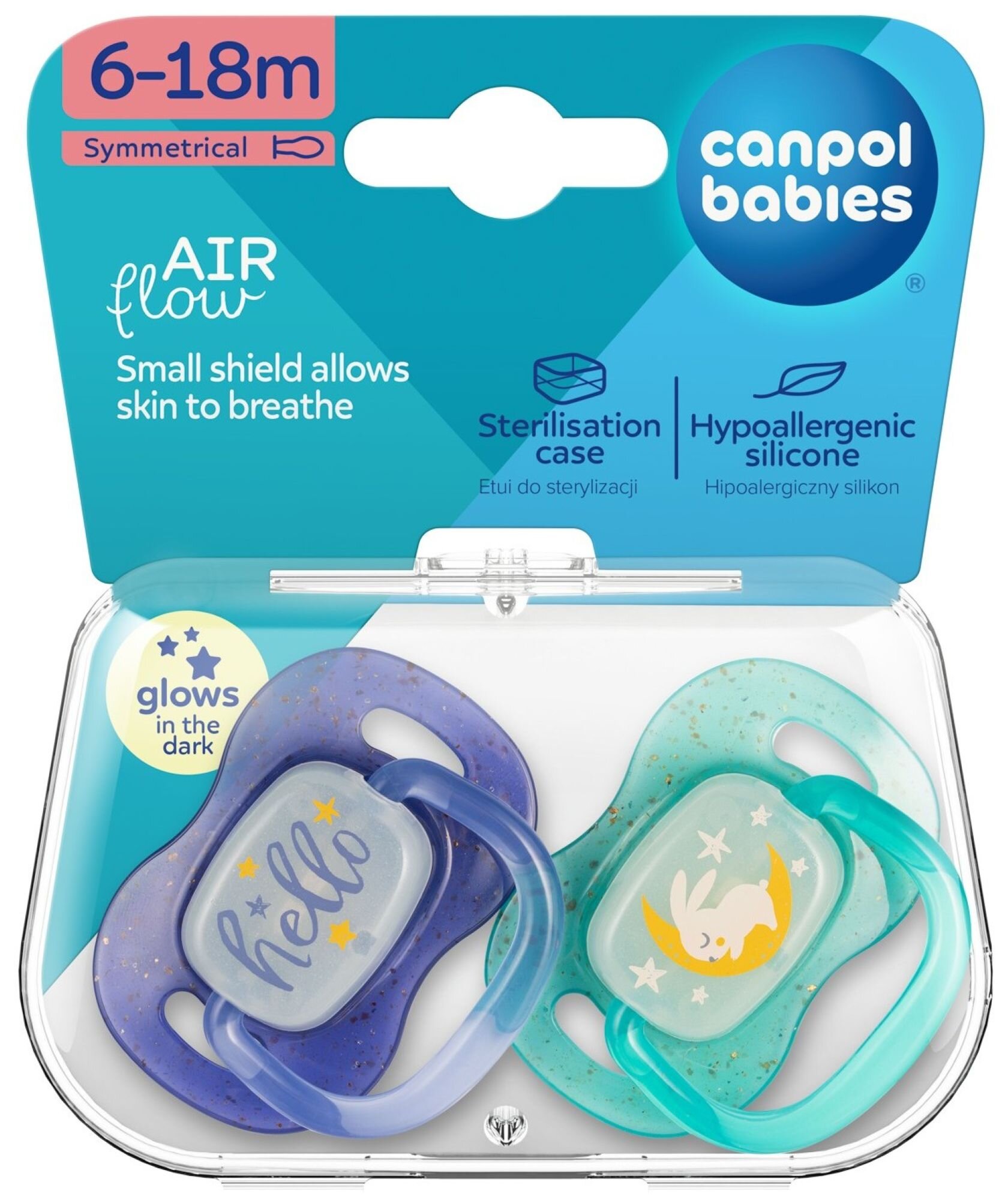 CANPOL Silikoninis čiulptukas 6-18m simetriškas NightGlow 2 vnt mėlynas - Image 2