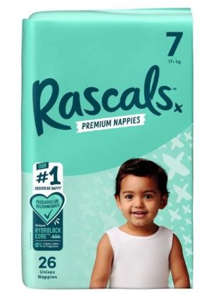 RASCALS sauskelnės, 7 dydis, 17 kg+, 26 vnt.