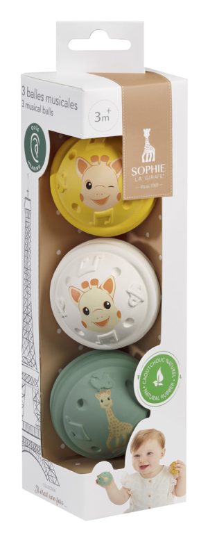 VULLI Sophie la girafe klausos pojūtį lavinantis žaislinių kamuoliukų rinkinys, HEARING, žalias, baltas, geltonas, 3mėn.+, 3 vnt., 010504