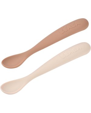 BEABA PRADINIO MAITINIMO SILIKONINIŲ 2 VNT.ŠAUKŠTELIŲ RINKINYS SU DĖŽUTE, CLAY / PRALINE