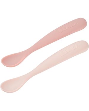 BEABA PRADINIO MAITINIMO SILIKONINIŲ 2 VNT.ŠAUKŠTELIŲ RINKINYS SU DĖŽUTE, COTTON CANDY / MARSHMALLOW