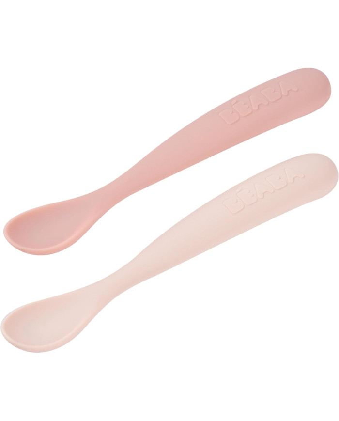 BEABA PRADINIO MAITINIMO SILIKONINIŲ 2 VNT.ŠAUKŠTELIŲ RINKINYS SU DĖŽUTE, COTTON CANDY / MARSHMALLOW
