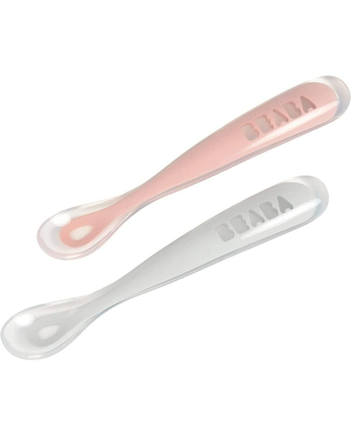 BEABA PRADINIO MAITINIMO SILIKONINIŲ 2 VNT.ŠAUKŠTELIŲ RINKINYS SU DĖŽUTE, COTTON CANDY/SORBET DUO