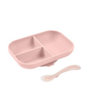 BEABA SILIKONINĖ DUGNU PRILIMPANTI 3 SKYRIŲ LĖKŠTĖ SU ŠAUKŠTELIU, COTTON CANDY