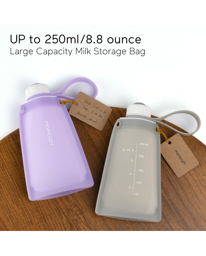 MOMCOZY DAUGKARTINIAI SILIKONINIAI PIENO IR MAISTO LAIKYMO MAIŠELIAI, 2 VNT. VIOLETINIS IR PILKAS - Image 2