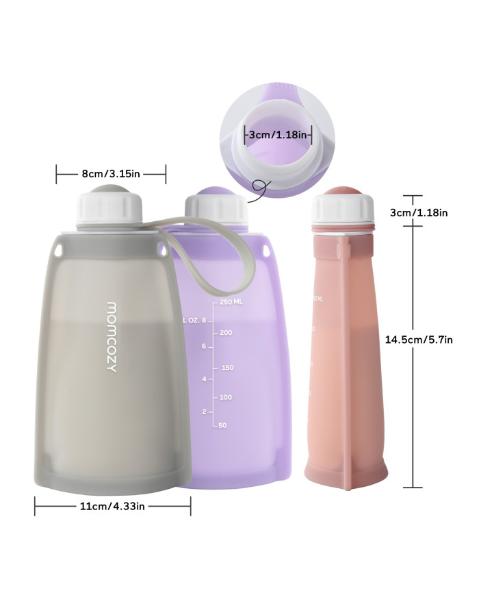 MOMCOZY DAUGKARTINIAI SILIKONINIAI PIENO IR MAISTO LAIKYMO MAIŠELIAI, 2 VNT. VIOLETINIS IR PILKAS - Image 4