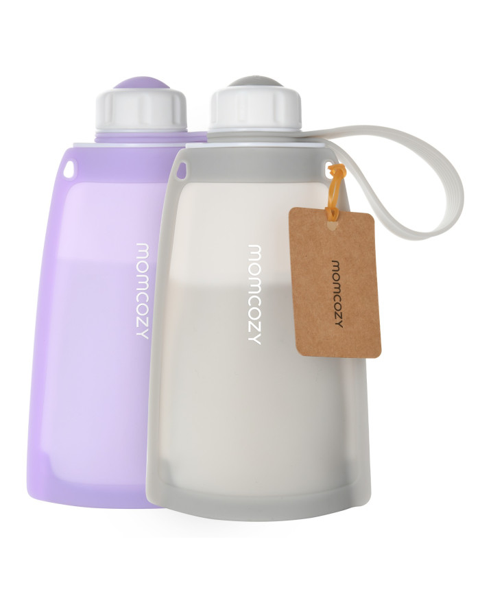 MOMCOZY DAUGKARTINIAI SILIKONINIAI PIENO IR MAISTO LAIKYMO MAIŠELIAI, 2 VNT. VIOLETINIS IR PILKAS