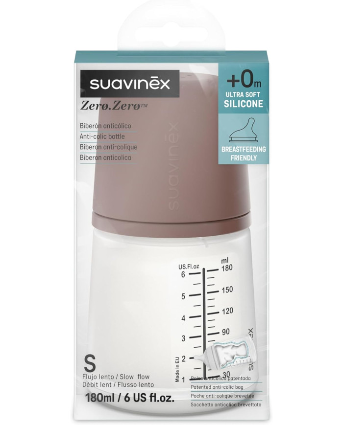 SUAVINEX ZERO ZERO ANTI-COLIC BUTELIUKAS SU LĖTOS SROVĖS ŽINDUKU, 180ML, NUO +0 MĖN., DEEP - Image 2