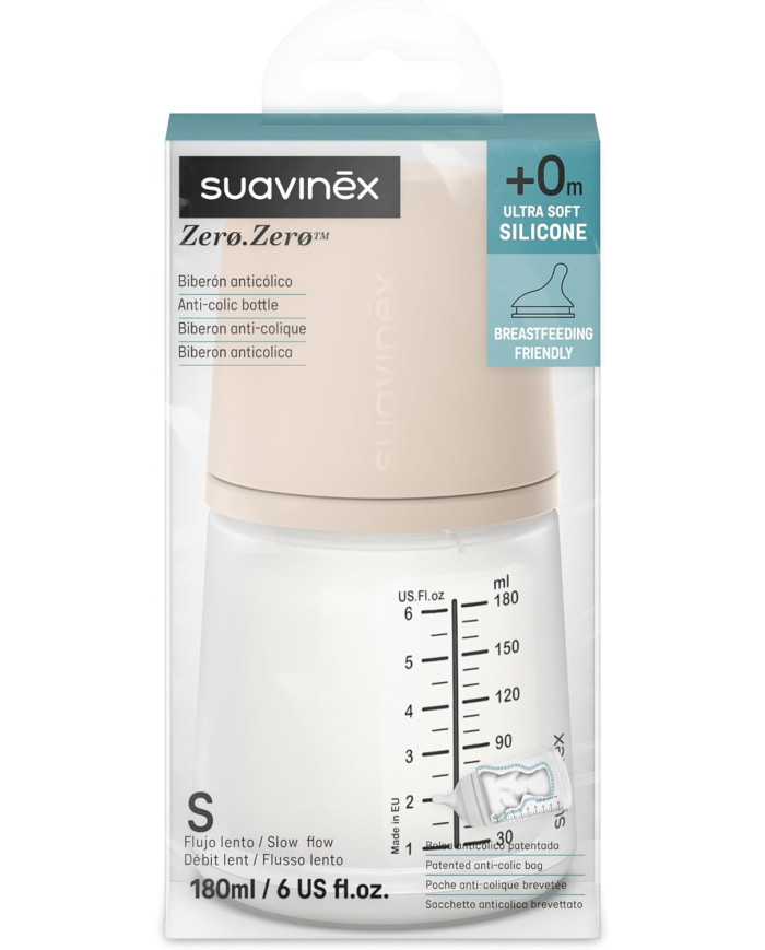 SUAVINEX ZERO ZERO ANTI-COLIC BUTELIUKAS SU LĖTOS SROVĖS ŽINDUKU, 180ML, NUO +0 MĖN., LIGHT - Image 2
