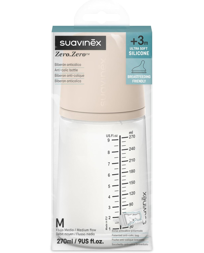 SUAVINEX ZERO ZERO ANTI-COLIC BUTELIUKAS SU VIDUTINĖS SROVĖS ŽINDUKU, 270 ML, NUO +3 MĖN., LIGHT - Image 2